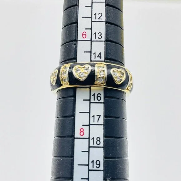 Black Enamel Rhinestone Hearts Ring Gold Tone Classic Commitment Wedding Band - Picture 3 of 6
